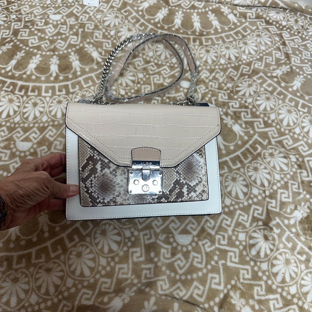 Aldo Cream, White and Taupe Snake-Embossed Crossbody